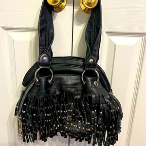 Black leather fringe purse w/studs